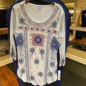 White Flowery Long Sleeve Top With Sheer Sleeves